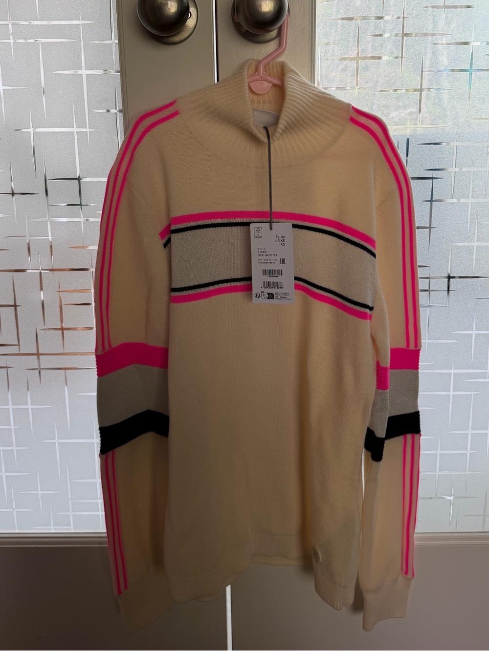 Womens Cream Bogner Sweater with Neon Pink Stripes